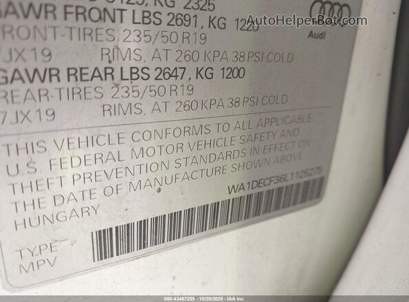 WA1DECF36L1125275 2020 AUDI Q3 Белый Вид подкапотного пространства