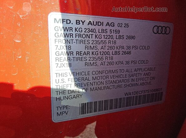 WA1DECF37S1049631 2025 AUDI Q3 Red VIN კოდის სტიკერის ხედი