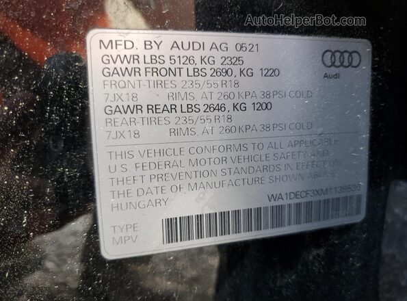 WA1DECF3XM1139536 2021 AUDI Q3 Черный Вид наклейки с VIN-кодом