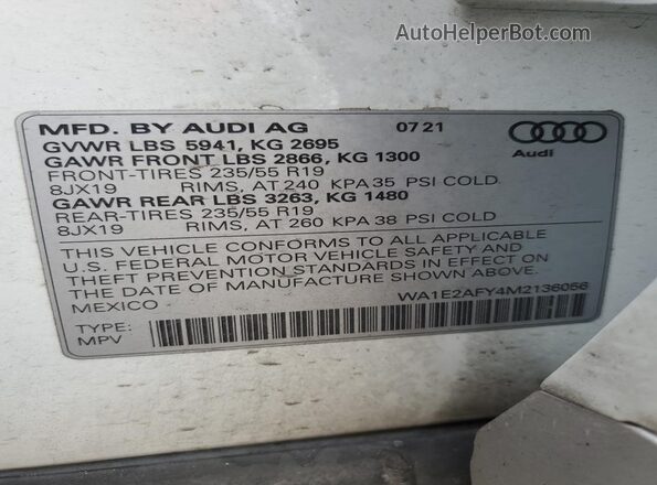 WA1E2AFY4M2136056 2021 AUDI Q5 White Vista interior de 360 grados