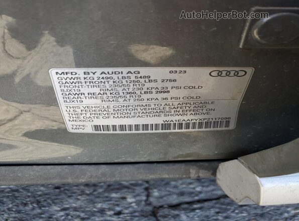 WA1EAAFYXP2117096 2023 AUDI Q5 Gray Widok naklejki z numerem VIN