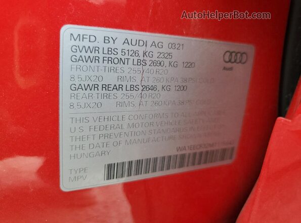 WA1EECF32M1115543 2021 AUDI Q3 Red Вид наклейки з VIN-кодом