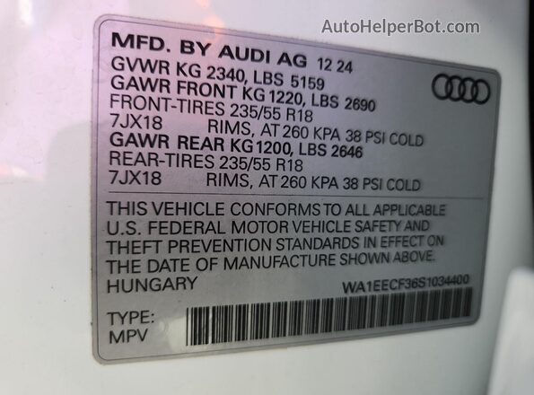 WA1EECF36S1034400 2025 AUDI Q3 White VIN կոդի պիտակի տեսք
