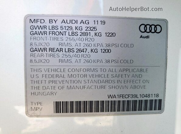 WA1FECF39L1048118 2020 AUDI Q3 White Widok wnętrza 360 stopni