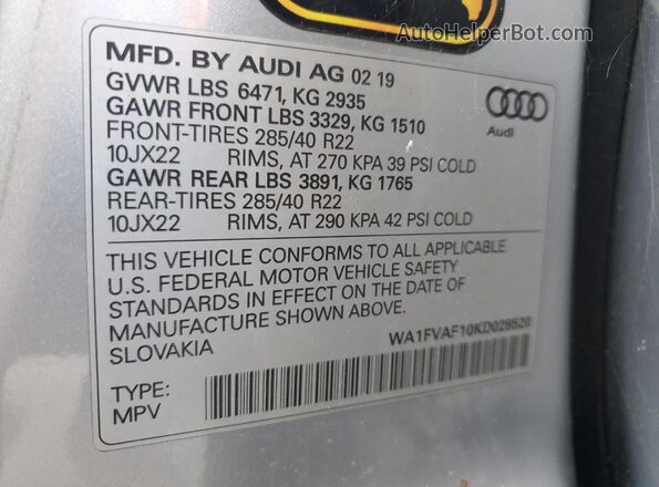 WA1FVAF10KD028520 2019 AUDI Q8 Silver Սալոնի 360 աստիճան տեսք