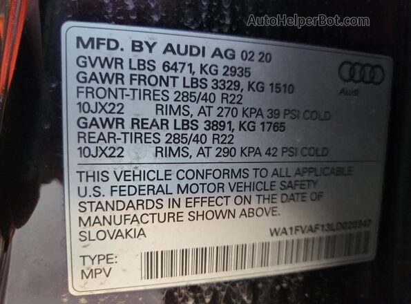 WA1FVAF13LD020347 2020 AUDI Q8 Burgundy VIN կոդի պիտակի տեսք
