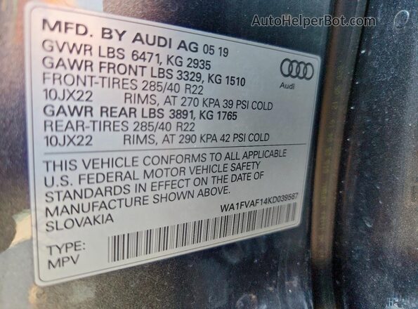 WA1FVAF14KD039567 2019 AUDI Q8 Gray Vista de la etiqueta del VIN
