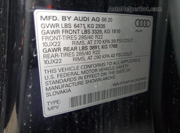 WA1FVAF14LD026402 2020 AUDI Q8 Black VIN կոդի պիտակի տեսք