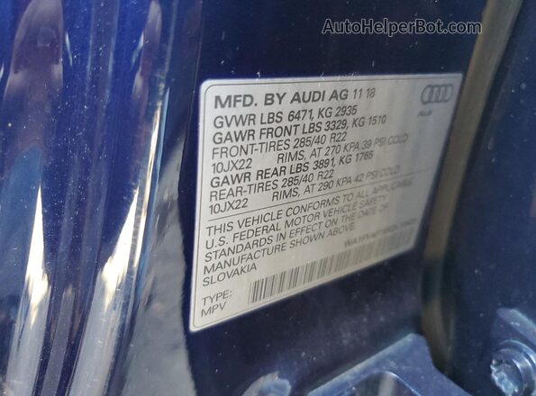 WA1FVAF16KD018428 2019 AUDI Q8 Blue Вид наклейки з VIN-кодом