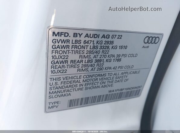WA1FVBF15ND034257 2022 AUDI Q8 White ძრავის განყოფილების ხედი