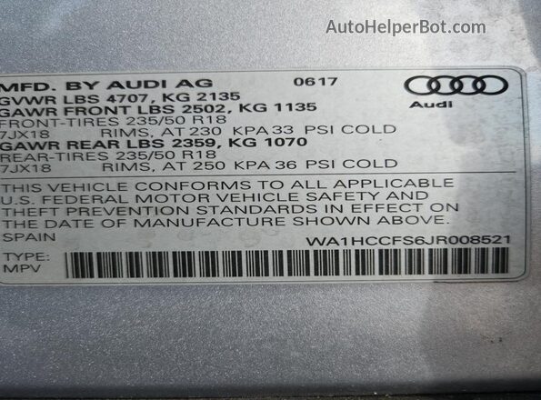 WA1HCCFS6JR008521 2018 AUDI Q3 Серебряный 