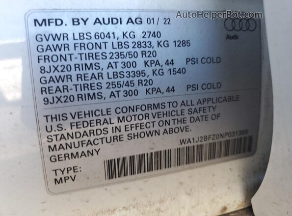 WA1J2BFZ0NP031368 2022 AUDI Q4 White Vista del compartimento del motor
