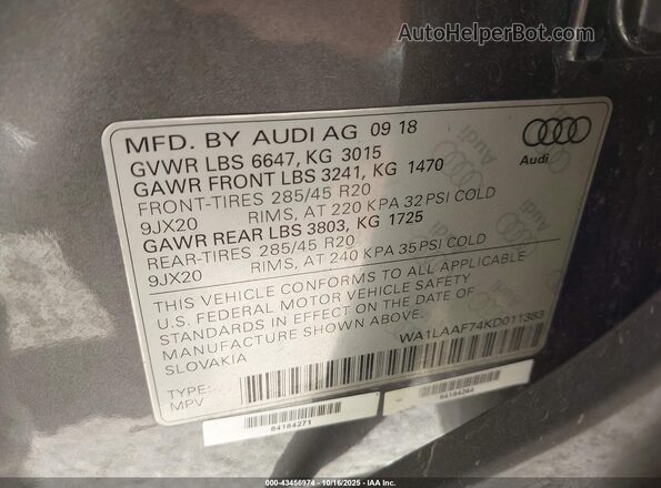 WA1LAAF74KD011383 2019 AUDI Q7 Серый Вид подкапотного пространства