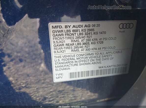 WA1LXAF72LD011124 2020 AUDI Q7 Blue Engine compartment view