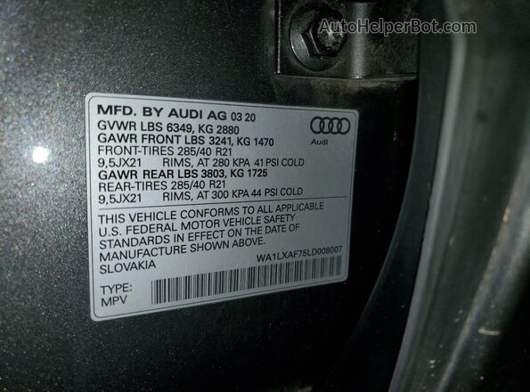 WA1LXAF75LD008007 2020 AUDI Q7 Gray Вид наклейки з VIN-кодом