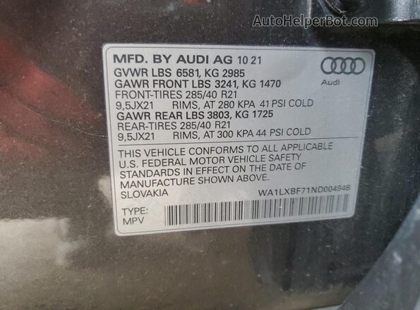 WA1LXBF71ND004948 2022 AUDI Q7 Gray VIN կոդի պիտակի տեսք