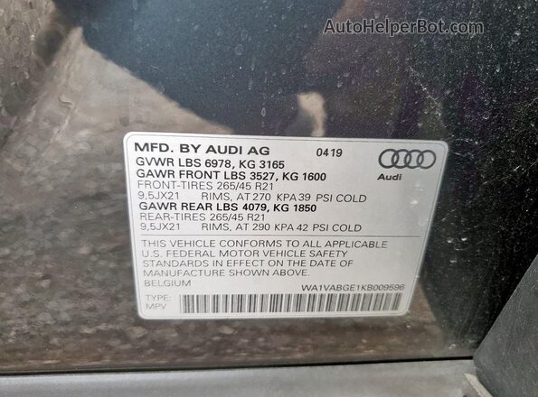 WA1VABGE1KB009596 2019 AUDI E-TRON Black VIN sticker view