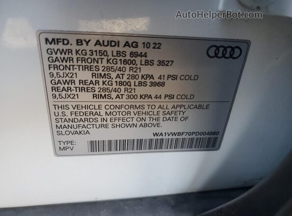 WA1VWBF70PD004860 2023 AUDI SQ7 White Widok komory silnika