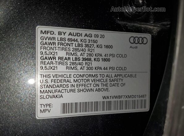 WA1VWBF7XMD015487 2021 AUDI SQ7 Charcoal Vista de la etiqueta del VIN