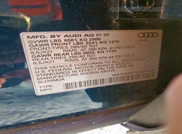 WA1VXAF75LD004399 2020 AUDI Q7 Teal Вид наклейки з VIN-кодом