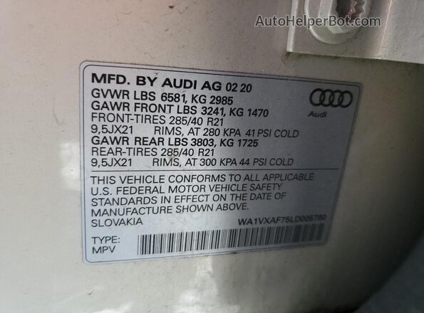 WA1VXAF75LD005780 2020 AUDI Q7 Бежевый Вид наклейки с VIN-кодом