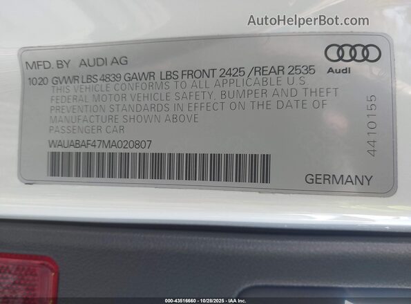 WAUABAF47MA020807 2021 AUDI OTHER White Вид підкапотного простору