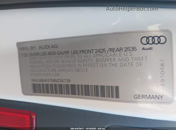 WAUABAF47MA034139 2021 AUDI OTHER White Вид підкапотного простору