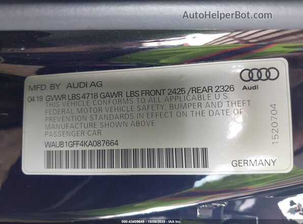 WAUB1GFF4KA087664 2019 AUDI S3 Черный Вид подкапотного пространства