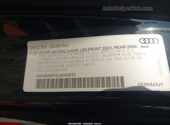 WAUB4AF42LA042839 2020 AUDI S4 Черный Вид подкапотного пространства