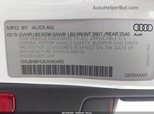 WAUB4BF42KA060455 2019 AUDI S4 White Շարժիչի բաժամունքի տեսք