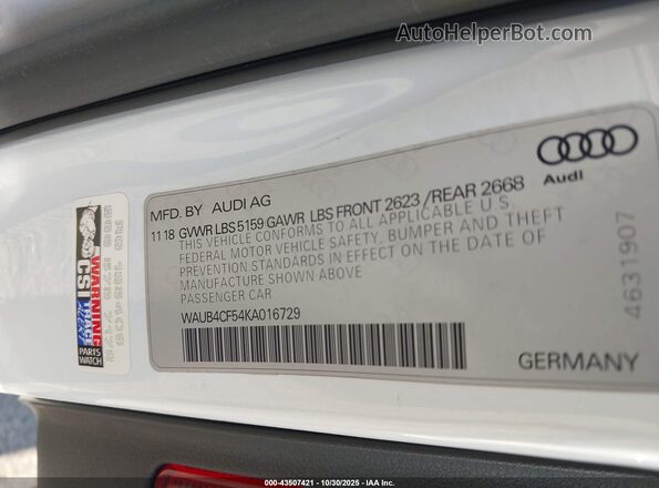 WAUB4CF54KA016729 2019 AUDI S5 White ძრავის განყოფილების ხედი