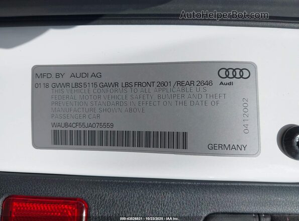 WAUB4CF55JA075559 2018 AUDI S5 Белый 