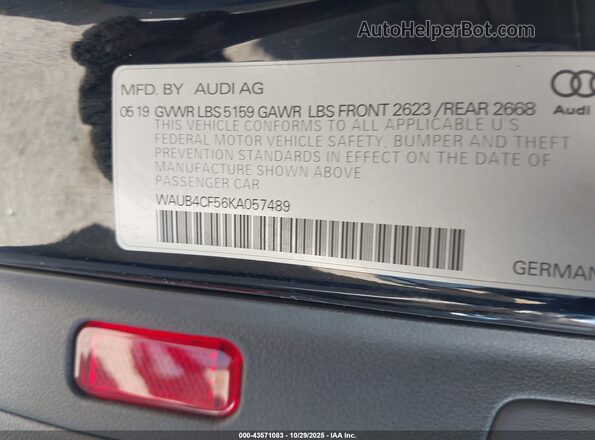 WAUB4CF56KA057489 2019 AUDI S5 Black ძრავის განყოფილების ხედი