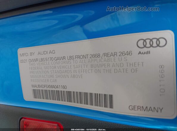 WAUB4DF5XMA041160 2021 AUDI S5 Blue Вид підкапотного простору