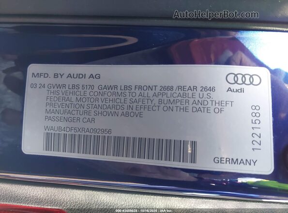 WAUB4DF5XRA092956 2024 AUDI S5 Синий Вид подкапотного пространства