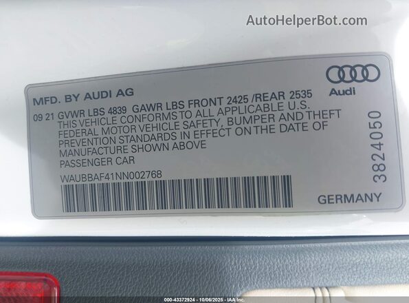 WAUBBAF41NN002768 2022 AUDI OTHER Белый Вид подкапотного пространства