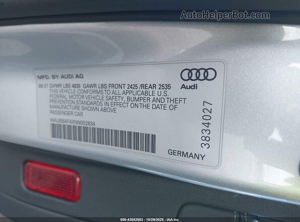 WAUBBAF4XNN002834 2022 AUDI OTHER Silver Вид підкапотного простору