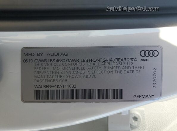 WAUBEGFF1KA111682 2019 AUDI OTHER White Engine compartment view