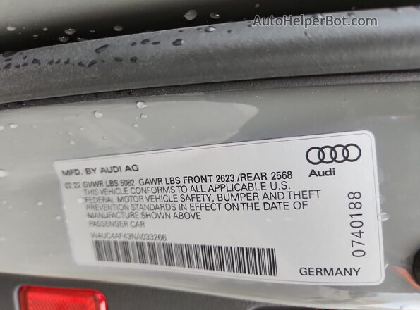 WAUC4AF43NA033266 2022 AUDI S4 Gray VIN sticker view