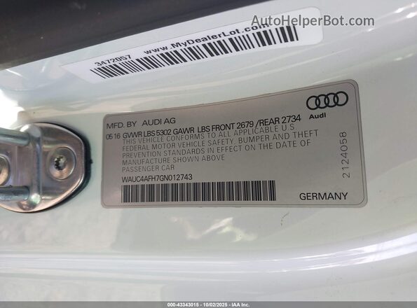 WAUC4AFH7GN012743 2016 AUDI S5 White Widok komory silnika