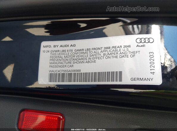 WAUC4CF55SA006988 2025 AUDI S5 Black Շարժիչի բաժամունքի տեսք