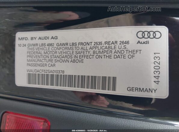 WAUDACF52SA010378 2025 AUDI OTHER Black Շարժիչի բաժամունքի տեսք