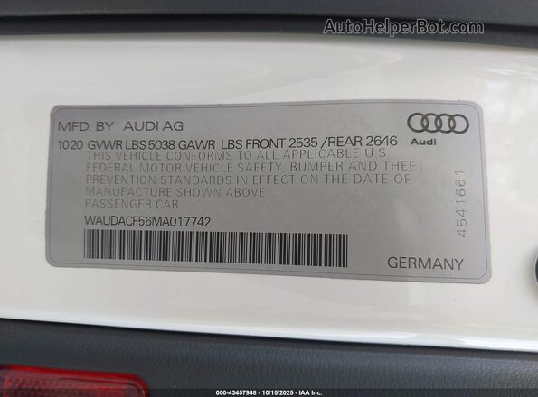WAUDACF56MA017742 2021 AUDI OTHER White Engine compartment view