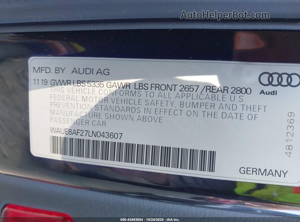 WAUE8AF27LN043607 2020 AUDI OTHER Gray Widok komory silnika