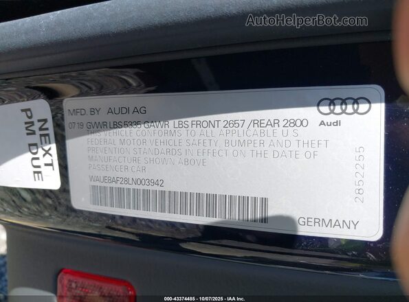 WAUE8AF28LN003942 2020 AUDI OTHER Black Շարժիչի բաժամունքի տեսք