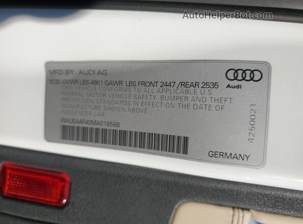 WAUEAAF40MA016568 2021 AUDI OTHER White Вид наклейки з VIN-кодом