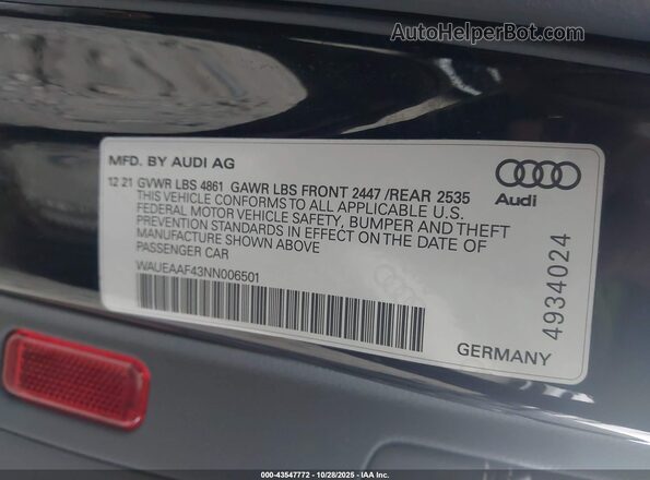 WAUEAAF43NN006501 2022 AUDI OTHER Black Engine compartment view