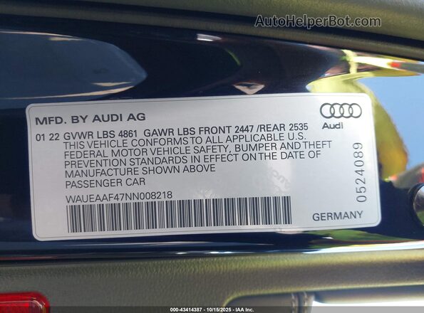 WAUEAAF47NN008218 2022 AUDI OTHER Black ძრავის განყოფილების ხედი