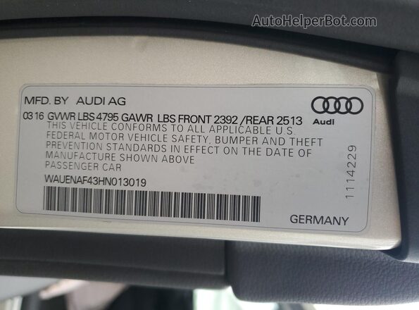 WAUENAF43HN013019 2017 AUDI OTHER Beige Вид підкапотного простору