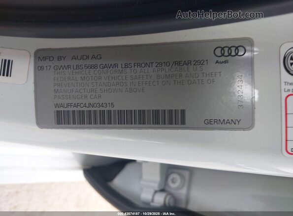 WAUFFAFC4JN034315 2018 AUDI S6 White Engine compartment view